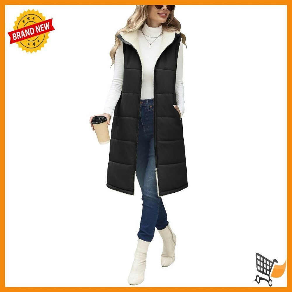 Long Fleece Vest Sleeveless Zip Sherpa Quilted Jacket Warm Outerwear
